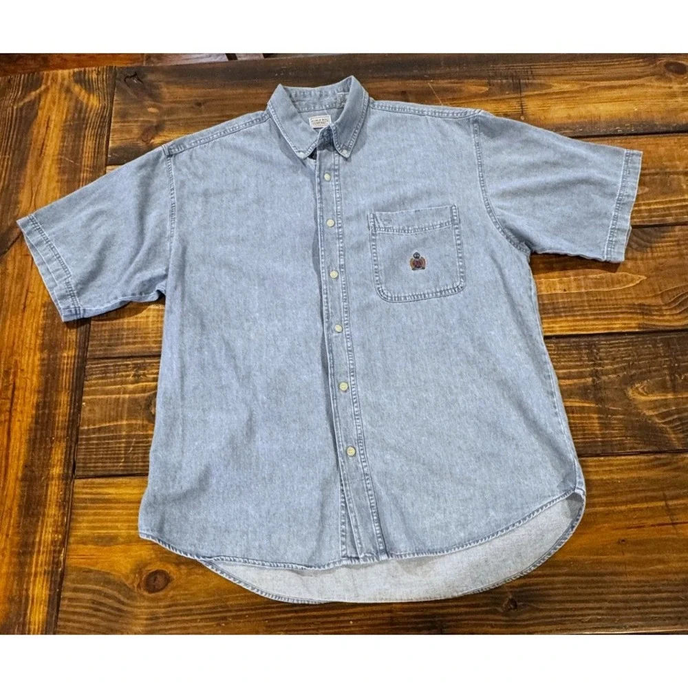 Vintage 90s Bugle Boy Gold Crest Denim Shirt Mens XL Light Wash Short Sleeve